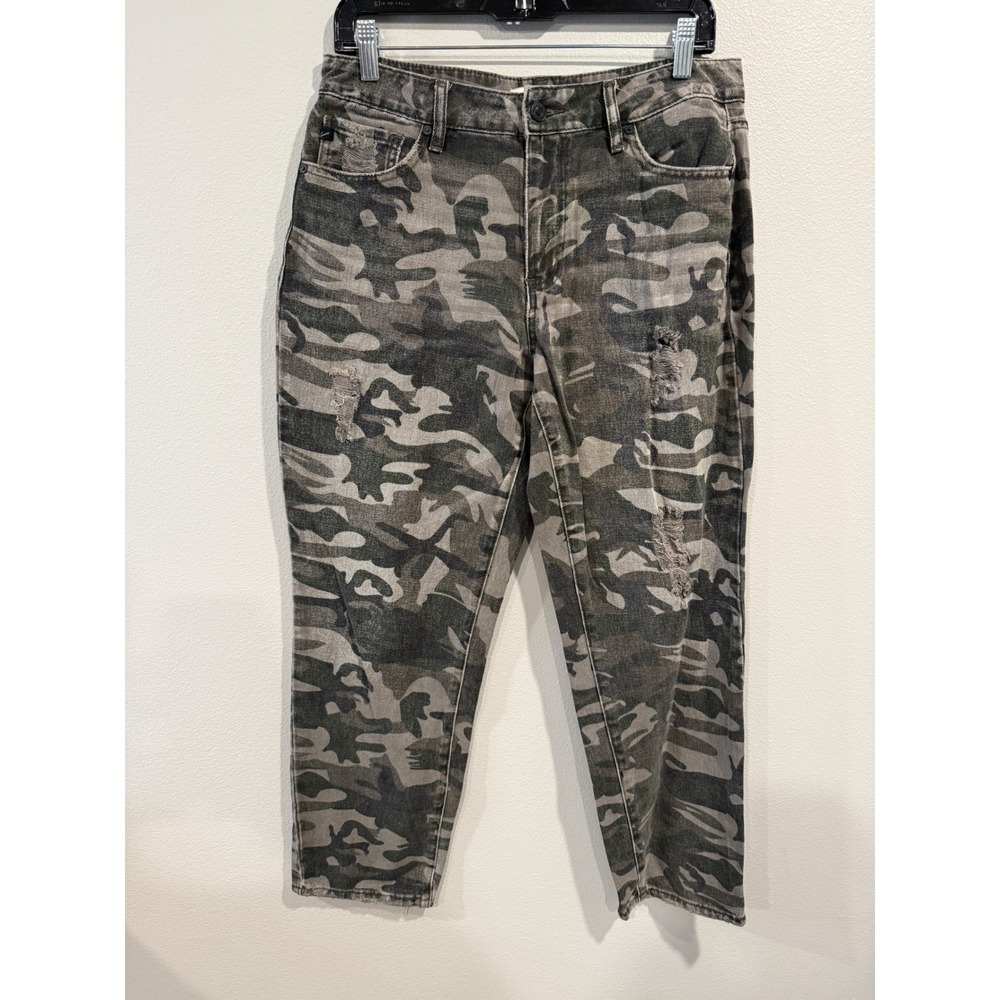 Kancan Womens High Rise Distressed Camo Straight Leg Jeans Grey Green Sz 11 29